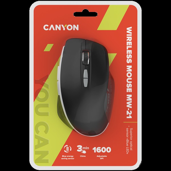 Canyon  2.4 GHz  Wireless mouse ,with 7 buttons, DPI 800/1200/1600, Battery: AAA*2pcs,Black,72*117*41mm, 0.075kg