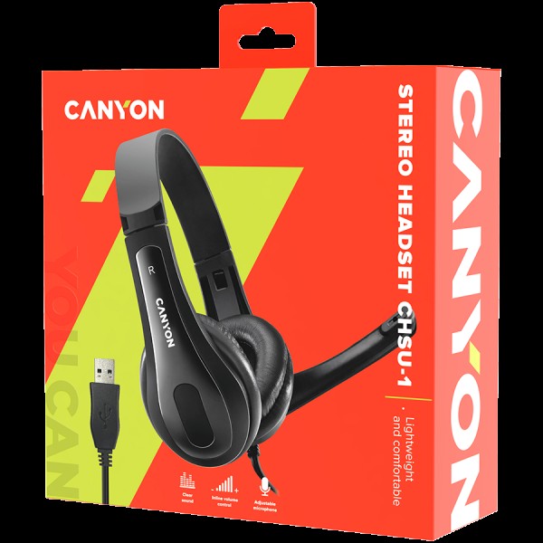 CANYON CHSU-1 basic PC headset with microphone, USB plug, leather pads, Flat cable length 2.0m, 160*60*160mm, 0.13kg, Black;