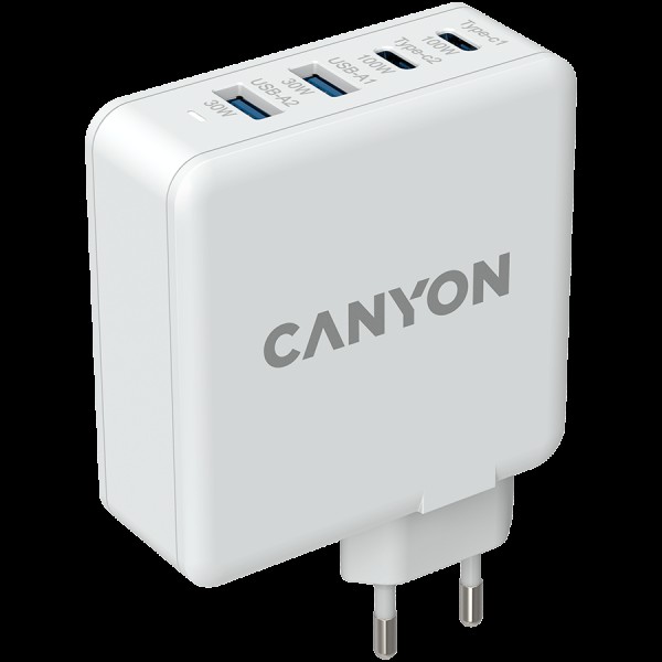 Canyon, GAN 100W charger  Input:  100V-240V Output: USB-C1/C2: 5V 3A , 9V 3A , 12V 3A , 15V 3A , 20V 5A  USB-A 1/A2: 4.5V/5A, 5V/4.5A, 9V/3A, 12V/2.5A,  20V/1.5A  C1+C2 : 65W + 30W； C1+A1 : 65W + 30W ； C1+A2 : 65W + 30W ；C1+A1+A2 : 65W + 7.5W