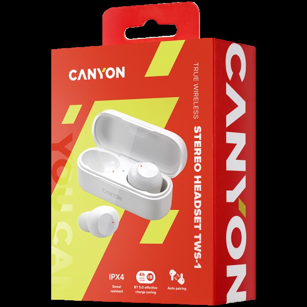 CANYON TWS-1 Bluetooth headset, with microphone, BT V5.0, Bluetrum AB5376A2, battery EarBud 45mAh*2+Charging Case 300mAh, cable length 0.3m, 66*28*24mm, 0.04kg, White