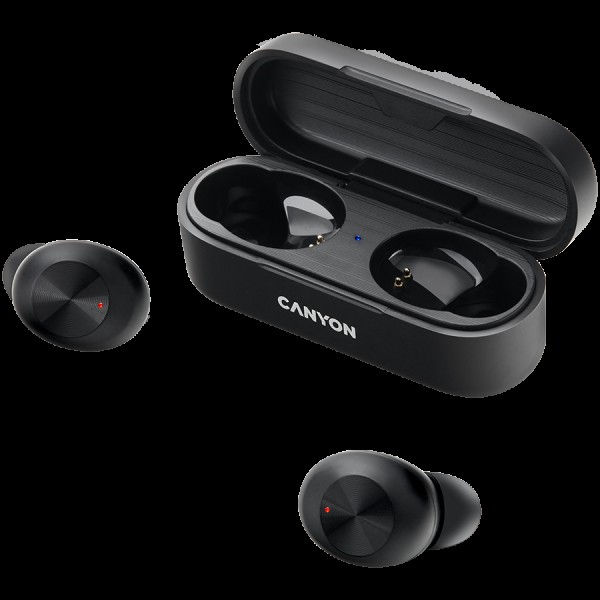 CANYON TWS-1 Bluetooth headset, with microphone, BT V5.0, Bluetrum AB5376A2, battery EarBud 45mAh*2+Charging Case 300mAh, cable length 0.3m, 66*28*24mm, 0.04kg, Black