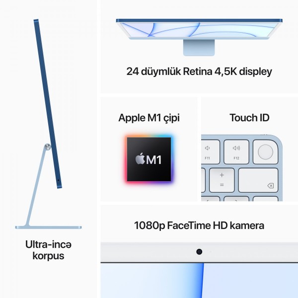 iMac 24-inch, A2438, SILVER, M1 chip with 8C CPU and 8C GPU, 16-core Neural Engine, 16GB  unified memory, Gigabit Ethernet, Two Thunderbolt / USB 4 ports, Two USB 3 ports, 256GB SSD storage, MAGIC MOUSE 2-INT, MAGIC KEYBOARD W/ TOUCH ID-SUN