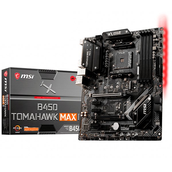 MSI B450 TOMAHAWK MAX II, ATX, AMD AM4 Socket, 1x PCI-E 3.0 x16, 1x PCI-E 2.0 x16, HDMI, DVI-D, 4 DIMMs, Dual Channel DDR4-4133+(OC)Mhz, 3x PCI-E 2.0 x1, 1x M.2, 6x SATA, 2x USB 3.2 Gen2, 4x USB 3.2 Gen1, 6x USB 2.0, RTL8111H LAN, 7.1 HD Audio