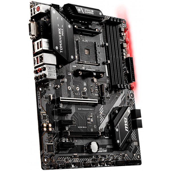 MSI B450 TOMAHAWK MAX II, ATX, AMD AM4 Socket, 1x PCI-E 3.0 x16, 1x PCI-E 2.0 x16, HDMI, DVI-D, 4 DIMMs, Dual Channel DDR4-4133+(OC)Mhz, 3x PCI-E 2.0 x1, 1x M.2, 6x SATA, 2x USB 3.2 Gen2, 4x USB 3.2 Gen1, 6x USB 2.0, RTL8111H LAN, 7.1 HD Audio