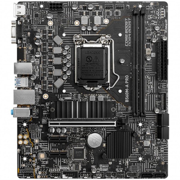 MSI B560M-A PRO,mATX,Socket 1200,Intel® B560 chipset,Dual Channel DDR4 5200(OC)MHz,1x PCIe x16 slot,1x HDMI 2.0b,1x VGA port,Audio 7.1,2.5Gbps LAN,1x M.2 slot,2xUSB 2.0 Type-A,4xUSB 3.2 Gen 1,