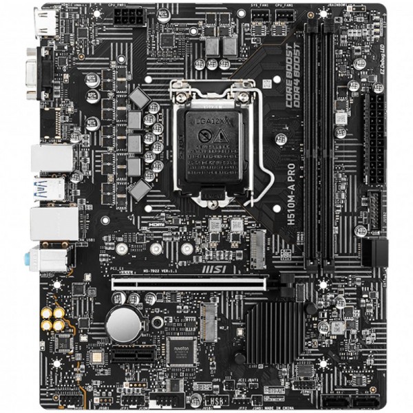 MSI H510M-A PRO,mATX,Socket 1200,Intel® H510 Chipset,Dual Channel DDR4 3200(MAX) MHz,1x PCIe x16 slot,1x HDMI 2.0b,1x VGA port,1x M.2 slot,2xUSB 3.2 Gen 1,2xUSB 2.0,Audio - 7.1,1Gbps LAN