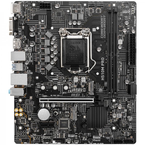 MSI H510M PRO,mATX,Socket 1200,Intel H510 Chipset,Dual Channel DDR4 3200(MAX)MHz,1x PCIe x16 slot,1x HDMI 2.0b,1x VGA,1x DisplayPort 1.4,1x M.2 slot,2xUSB 3.2 Gen 1,4xUSB 2.0,Audio - 7.1,1Gbps LAN