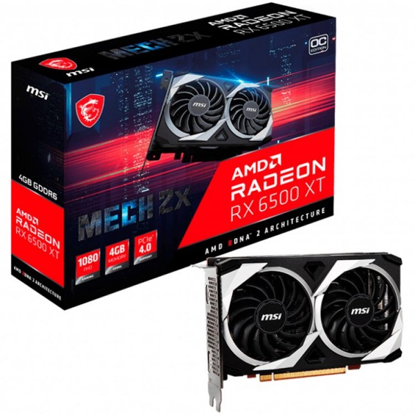 MSI Video Card AMD Radeon RX 6500 XT MECH 2X 4G OC, 4GB GDDR6, 64bit, 18000 MHz Effective Memory Clock, Boost: 2825 MHz, 1024 Cores, 1x DP, 1x HDMI, 400W Recommended PSU, 3Y