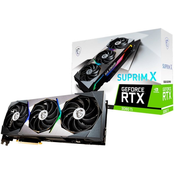 MSI Video Card Nvidia GeForce RTX 3080 Ti SUPRIM X 12G, 12GB GDDR6X, 384-bit, 912.4 GB/s, 19000 MHz Effective Memory Clock, Boost: 1830 MHz, 10240 CUDA Cores, PCIe 4.0, 3x DP 1.4, HDMI 2.1, RAY TRACING, Triple Fan, 850W Recommended PSU, Metal Backplate, 3