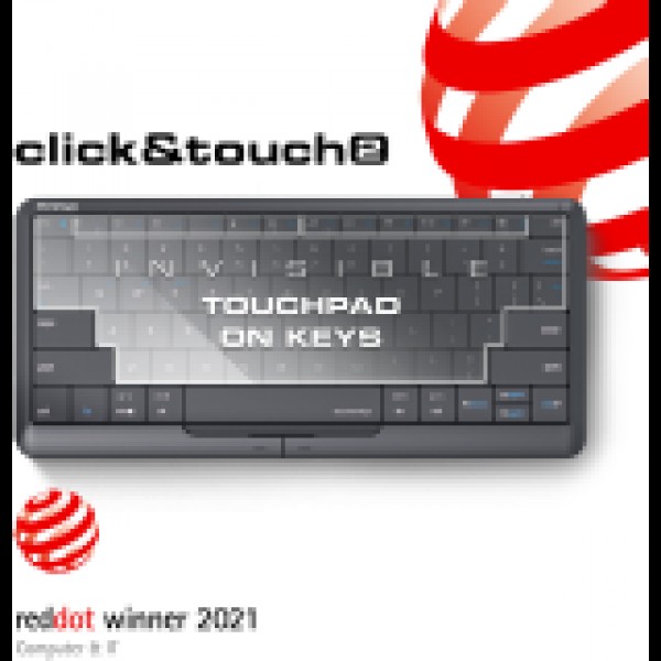 Prestigio Click&Touch 2, wireless multimedia smart keyboard with touchpad embedded into keys, auto-switch between keyboard and touchpad modes, touch multimedia sliders, left and right physical 