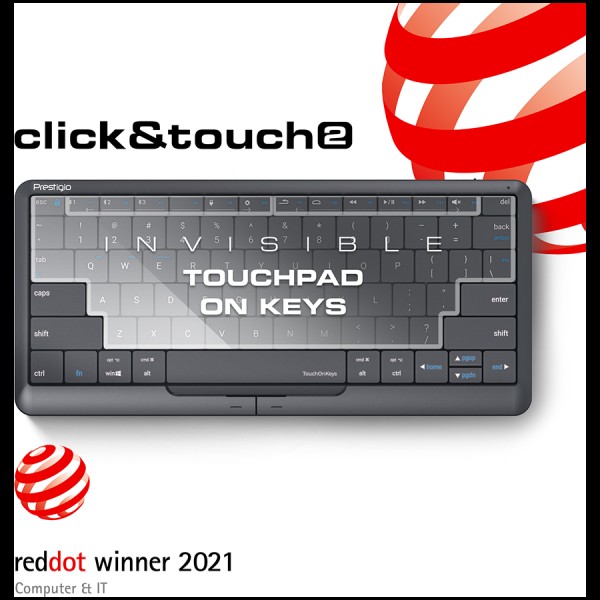 Prestigio Click&Touch 2, wireless multimedia smart keyboard with touchpad embedded into keys, auto-switch between keyboard and touchpad modes, touch multimedia sliders, left and right physical 