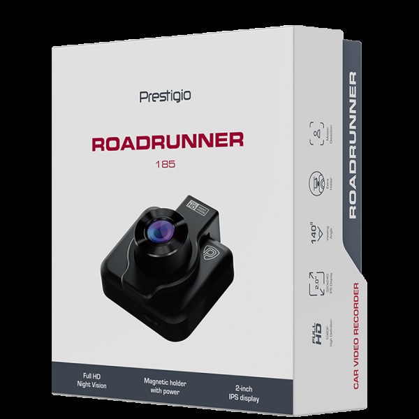 Prestigio RoadRunner 185, 2.0'' IPS (320x240) display, FHD 1920x1080@30fps, HD 1280x720@30fps, Jieli AC5601, 2 MP CMOS GC2053 image sensor, 2 MP camera, 140° Viewing Angle, Micro USB, 180 mAh, Night Vision, Motion Detection, G-sensor, Cyclic Recording, co