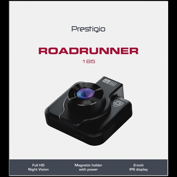 Prestigio RoadRunner 185, 2.0'' IPS (320x240) display, FHD 1920x1080@30fps, HD 1280x720@30fps, Jieli AC5601, 2 MP CMOS GC2053 image sensor, 2 MP camera, 140° Viewing Angle, Micro USB, 180 mAh, Night Vision, Motion Detection, G-sensor, Cyclic Recording, co