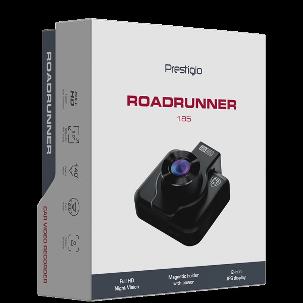 Prestigio RoadRunner 185, 2.0'' IPS (320x240) display, FHD 1920x1080@30fps, HD 1280x720@30fps, Jieli AC5601, 2 MP CMOS GC2053 image sensor, 2 MP camera, 140° Viewing Angle, Micro USB, 180 mAh, Night Vision, Motion Detection, G-sensor, Cyclic Recording, co