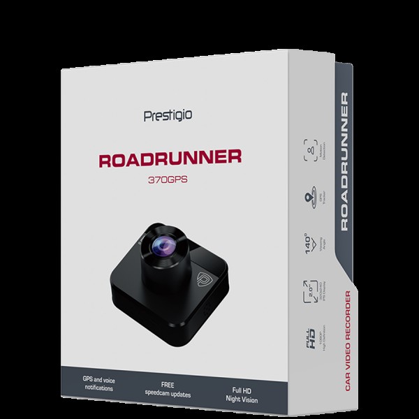 Prestigio RoadRunner 370GPS, 2.0'' IPS (320x240) display, FHD 1920x1080@30fps, HD 1280x720@30fps, AIT8336N, 2 MP CMOS GC2053 image sensor, 2 MP camera, 140° Viewing Angle, Micro USB, 120 mAh battery, GPS, Night Vision, Motion Detection, G-sensor, Cyclic R