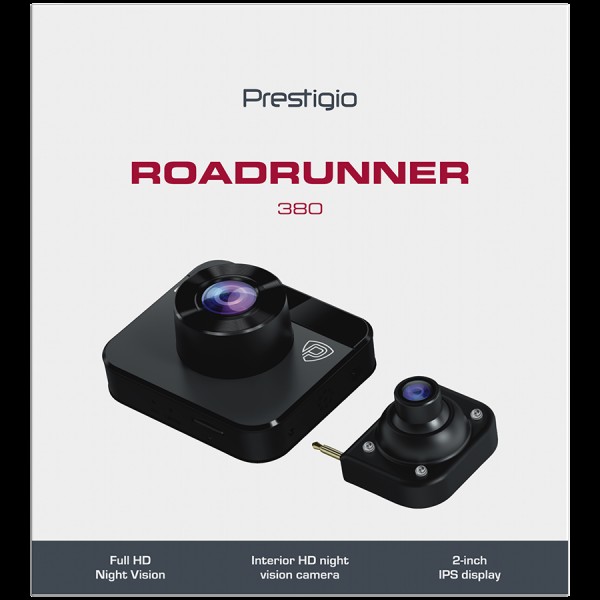 Prestigio RoadRunner 380, 2.0'' (320x240) IPS display, Dual camera: front - FHD 1920x1080@30fps, HD 1280x720@30fps, interior - HD 1280x720@30fps, Jieli AC5401A, 2 MP CMOS GC2053 image sensor, 2 MP camera, 140° Viewing Angle, Night Vision, Motion Detection