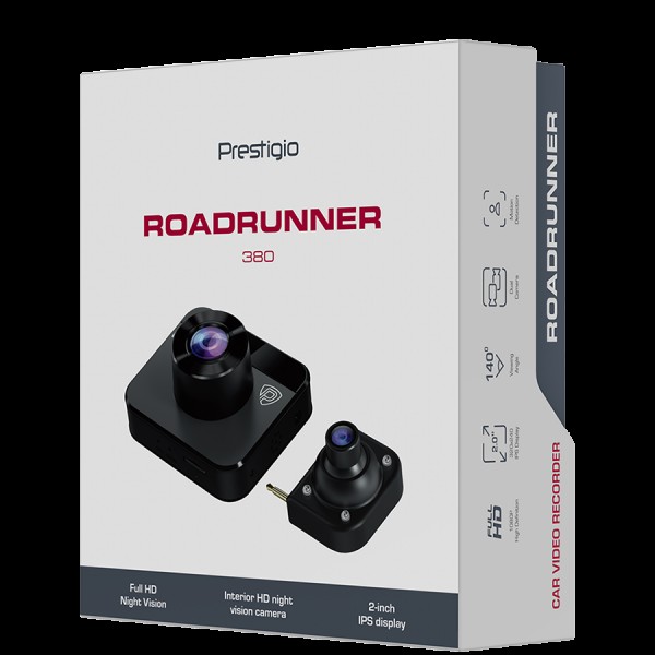 Prestigio RoadRunner 380, 2.0'' (320x240) IPS display, Dual camera: front - FHD 1920x1080@30fps, HD 1280x720@30fps, interior - HD 1280x720@30fps, Jieli AC5401A, 2 MP CMOS GC2053 image sensor, 2 MP camera, 140° Viewing Angle, Night Vision, Motion Detection