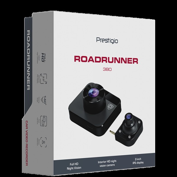 Prestigio RoadRunner 380, 2.0'' (320x240) IPS display, Dual camera: front - FHD 1920x1080@30fps, HD 1280x720@30fps, interior - HD 1280x720@30fps, Jieli AC5401A, 2 MP CMOS GC2053 image sensor, 2 MP camera, 140° Viewing Angle, Night Vision, Motion Detection